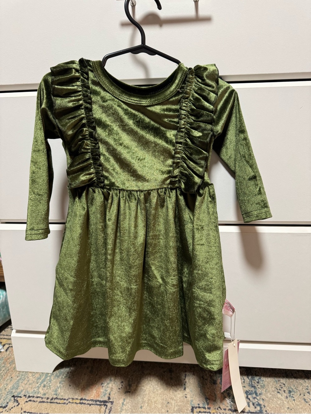 Sweet Adeline Olive Green Velvet Dress with Ruffle Detail
